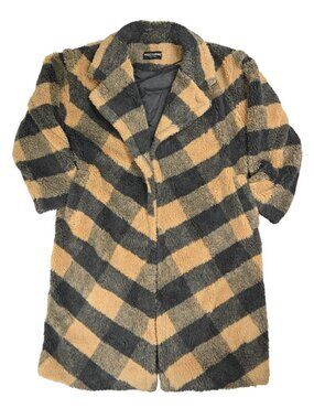 Nocturne Ekose Double Breasted Teddy Coat in Black Plaid